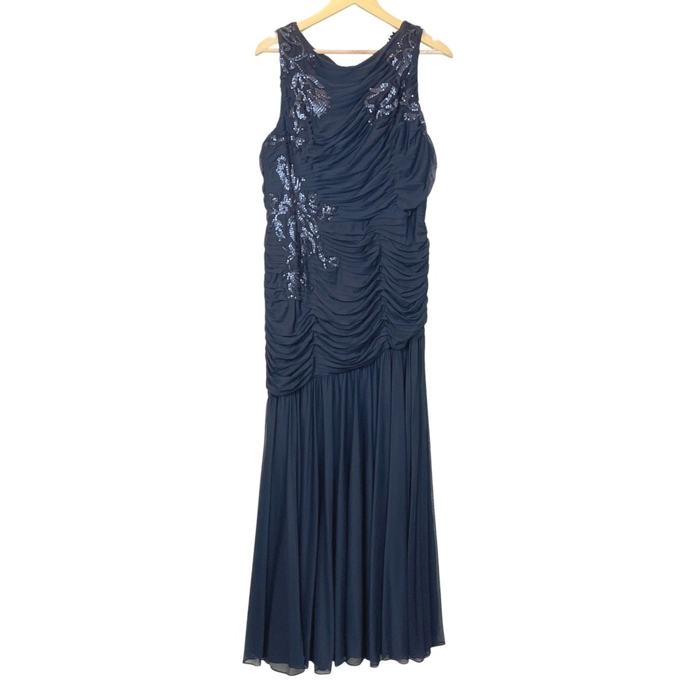 Adrianna Papell Blue‎ Ruched Sequin Chiffon Gown Maxi Dress Size 16 Wedding Gala